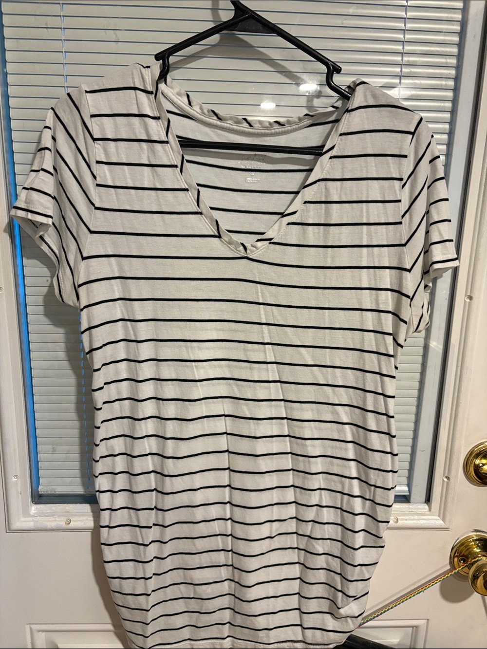 Striped V-Neck Short Sleeve Women's Top - White with Black Stripes